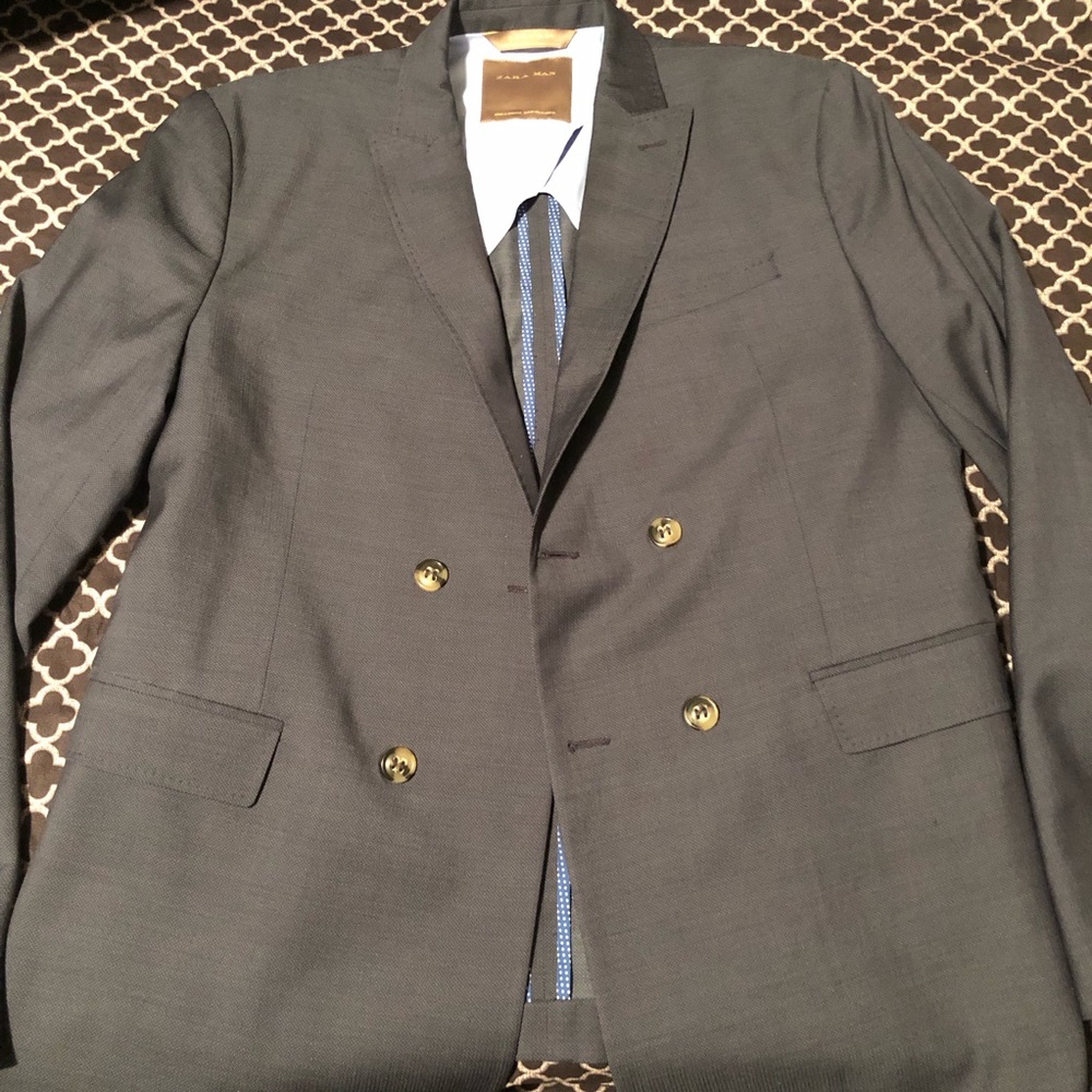 Zara Men’s Double Breasted Sports Coat Blazer Sz 44 Blue Wool